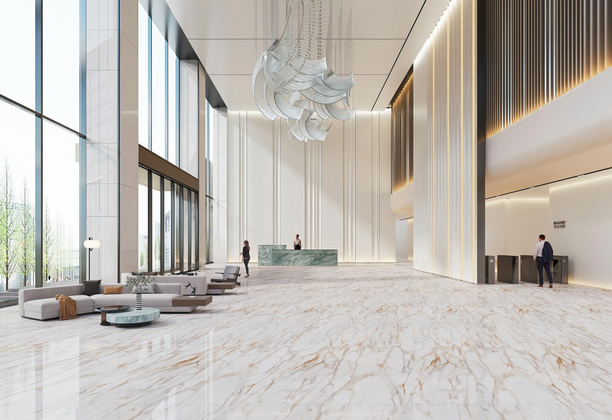 ST1011 sintered stone applied across the floor and reception desk of a grand hotel lobby
